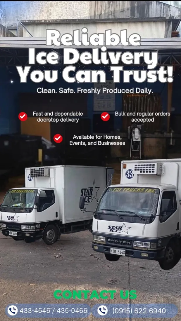 Star-Ice reliable ice delivery poster featuring branded delivery trucks